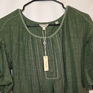 Max Studio Hunter Green Top With Ruched Sleeve Bohemian Boho Size S